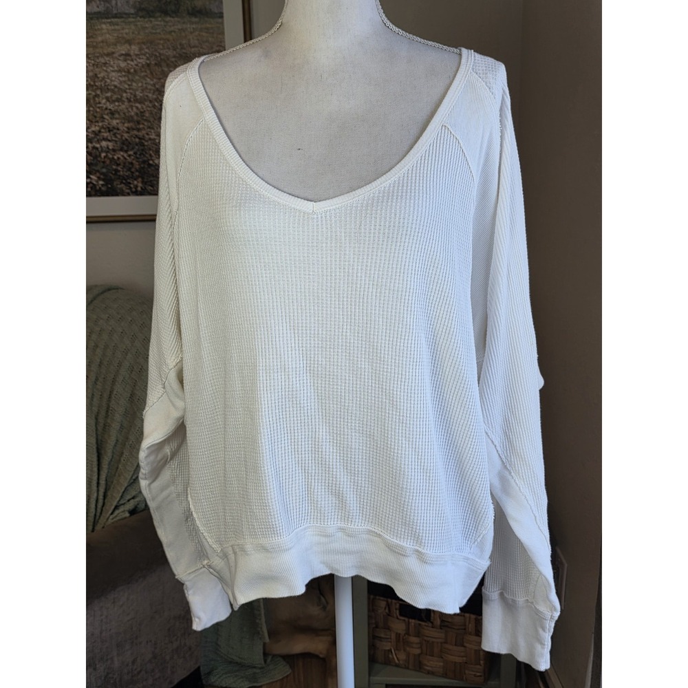 Free People Waffle Knit Shirt Large Ivory Long Sleeve Loose Neck V